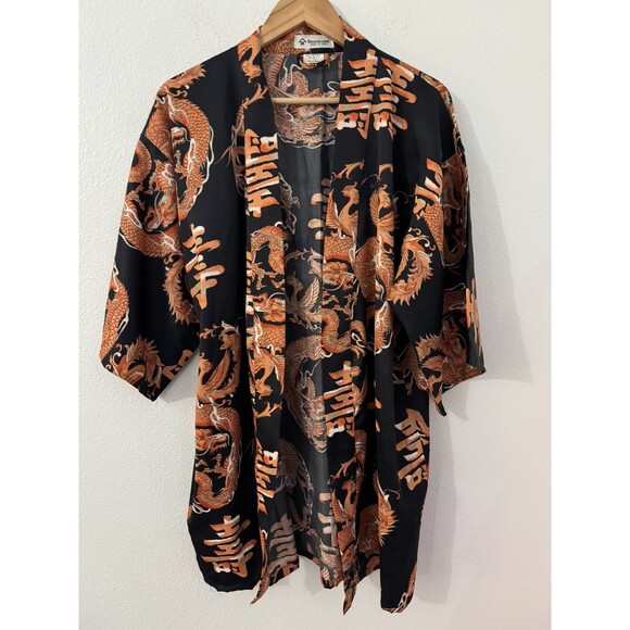 JAPANESE KIMONO Black Orange Dragons Unbelted Size 34 Men Small Women XL - Picture 1 of 6